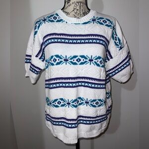 Vintage Carriage Court White Fair Isle Knit Short Sleeve Sweater 100% Cotton L